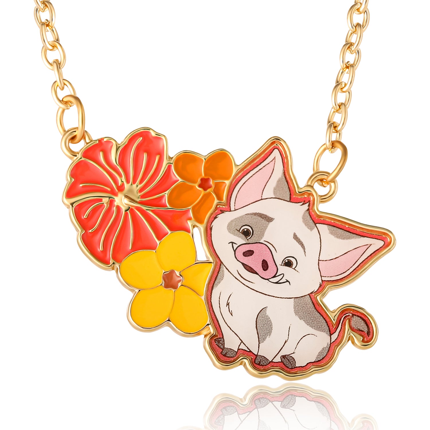 Moana Necklace for Women 16"+3.25" Official License, Fashion Pua and Flowers Pendant Necklace, Disney Jewelry for Women