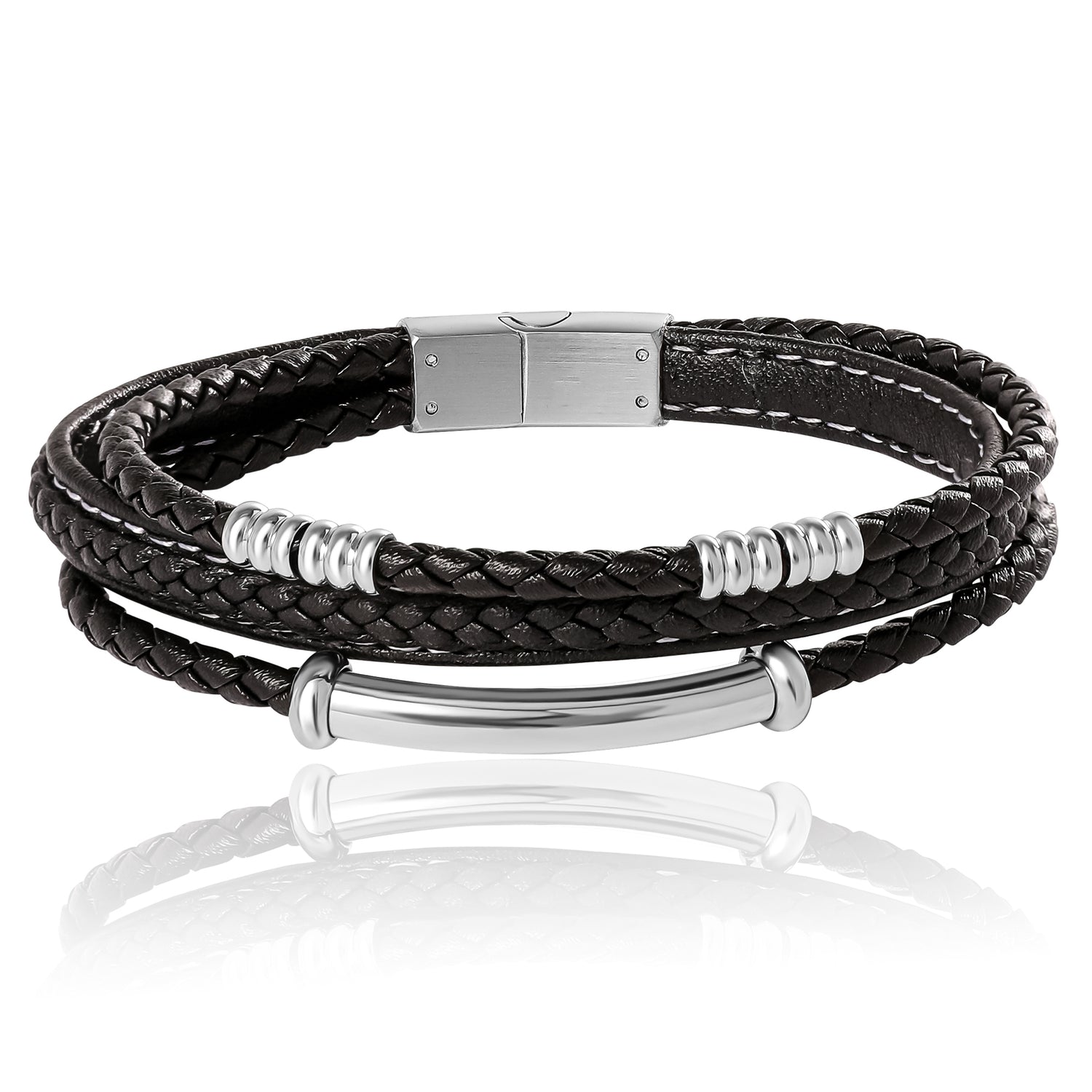 Stainless Steel Triple Row Black Cord Bracelet - 8.25" - Polished Stainless Steel Finish