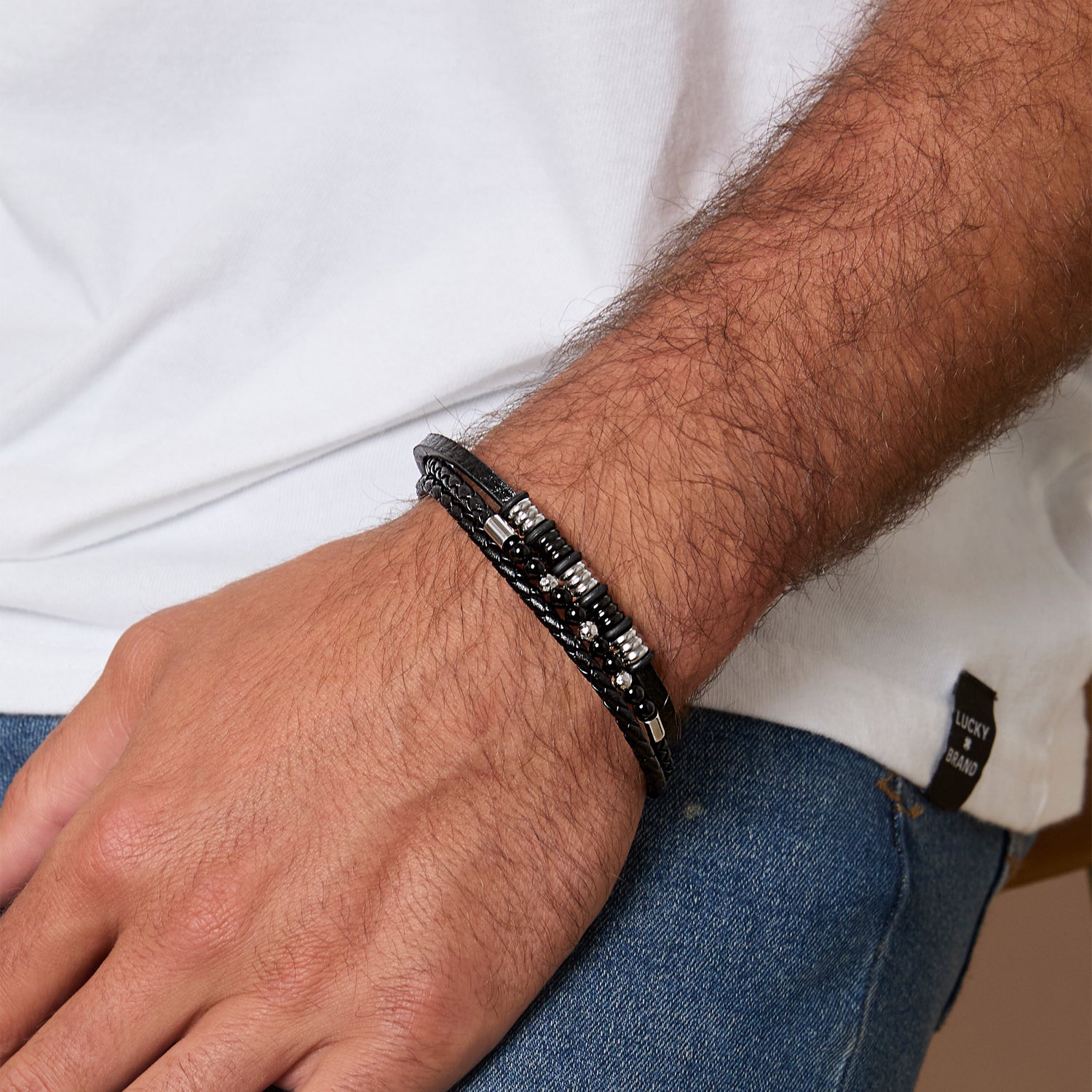 Lucky Brand Stainless Steel Triple Row Black Cord Bracelet - 8.25"