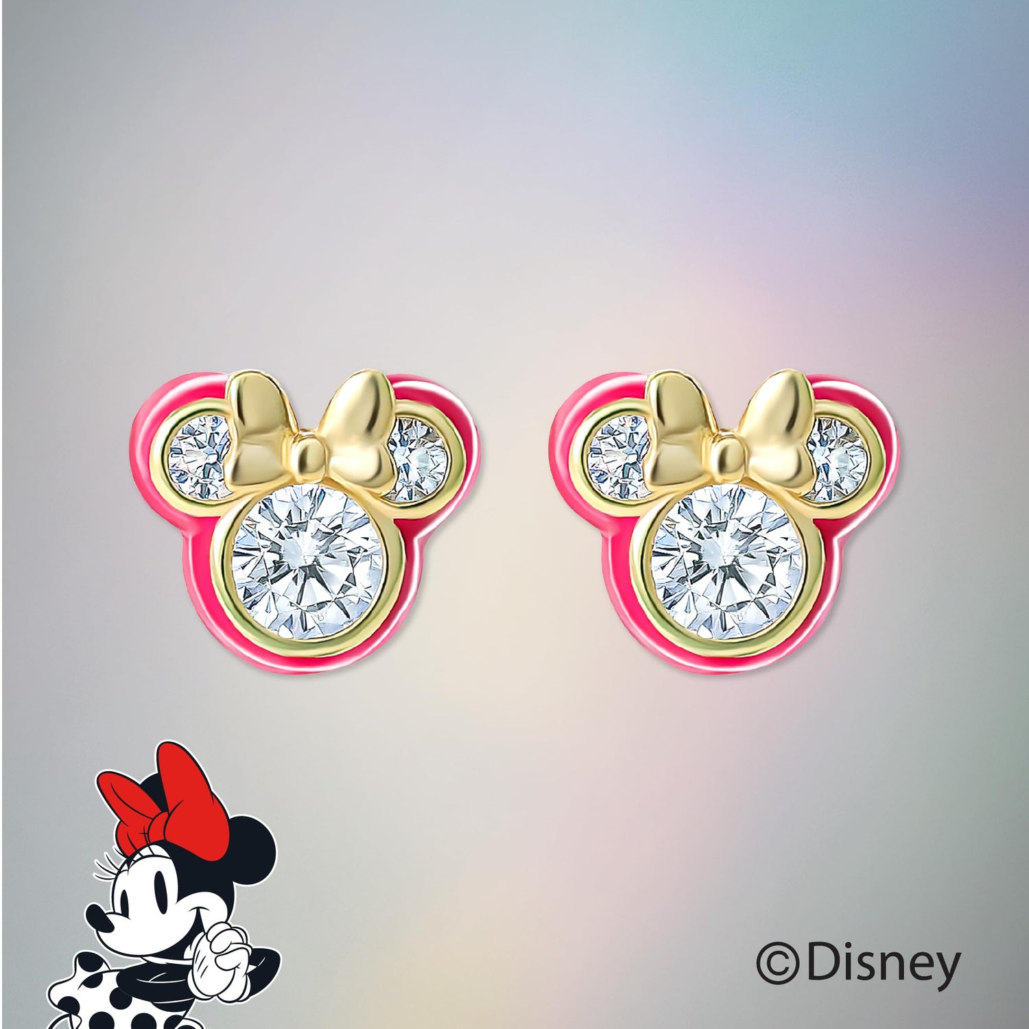 Disney Minnie Mouse Cubic Zirconia and Enamel Stud Earrings, Flash-Plated Earrings Official License
