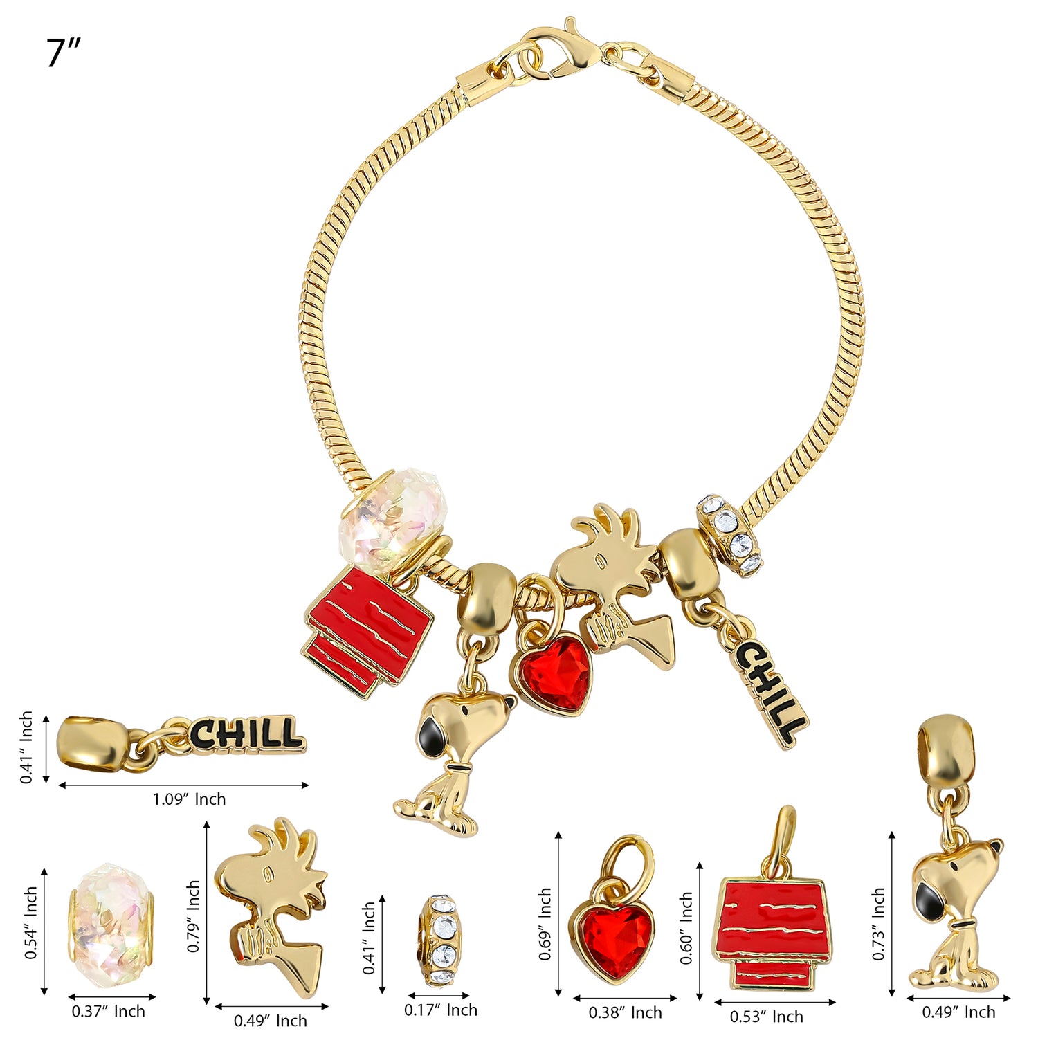 Peanuts Woodstock and Snoopy Charm Bracelet for Women Official License, 7"