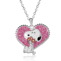 Peanuts Snoopy Necklace for Women Official License, 16+2 Silver Flash-Plated Heart Necklace with Pink Glitter and Crystal
