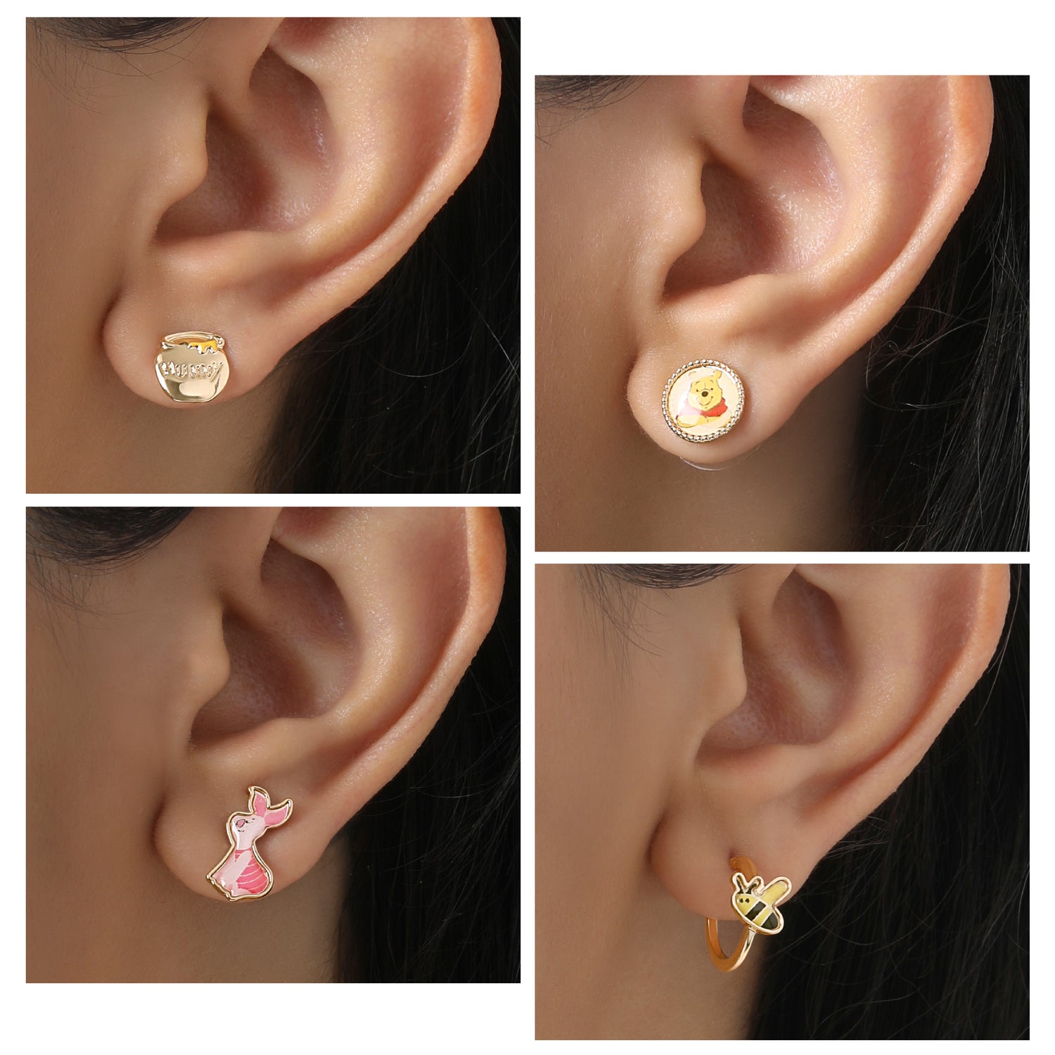 Winnie the Pooh Earrings Pack of 4 Official License, Gold Tone and Enamel