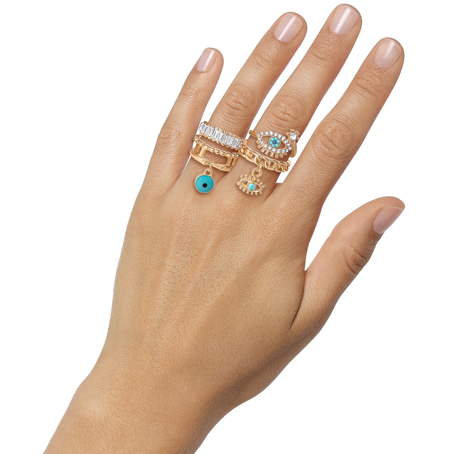 Jessica Simpson 4-Piece Charm Ring Set with Turquoise Accents - Size 7