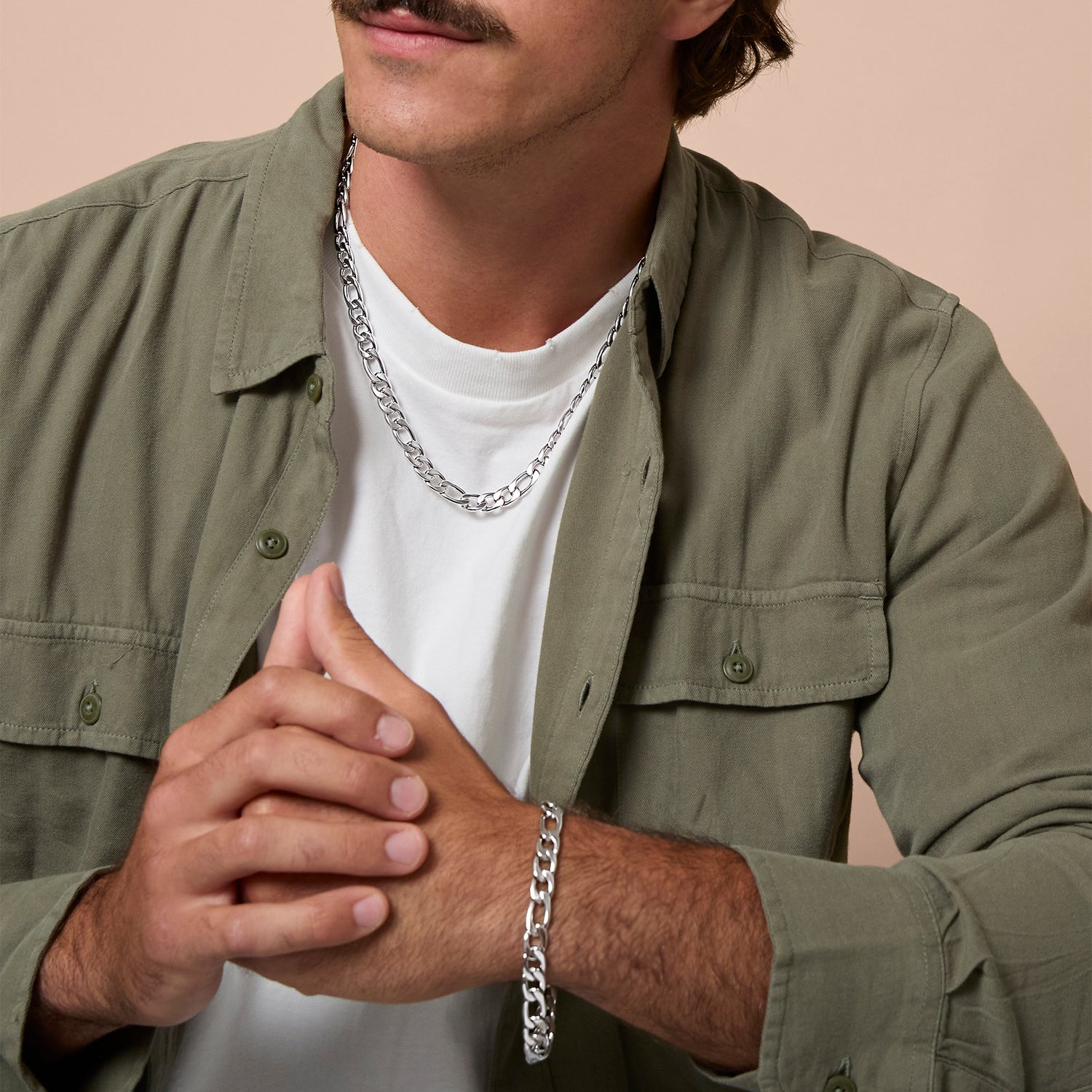 Lucky Brand Stainless Steel (304) 8MM Figaro Chain Necklace 22'' and Bracelet 8.5'' Set