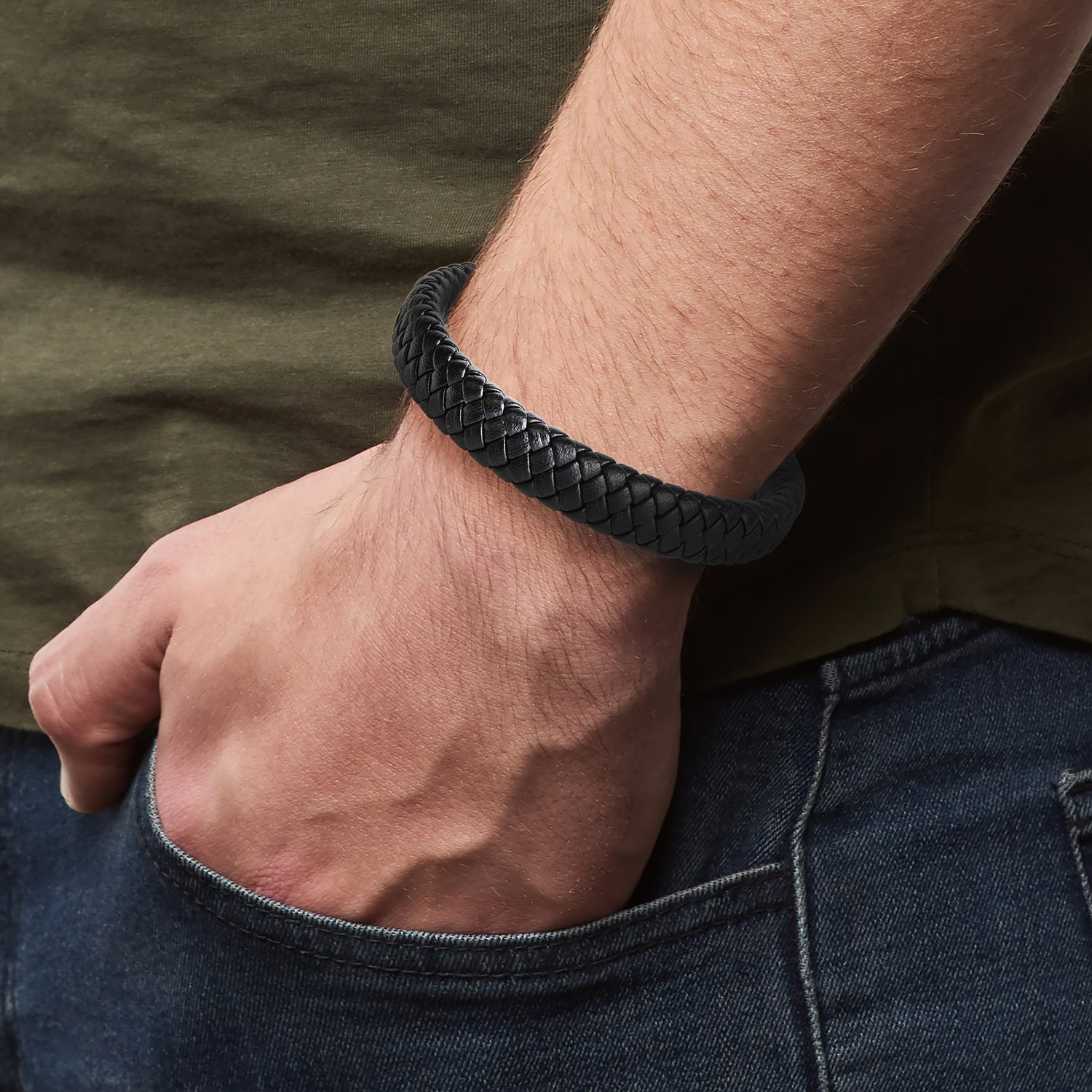 Lucky Brand Wide Woven Microfiber Leather Bracelet for Men, 8.25"