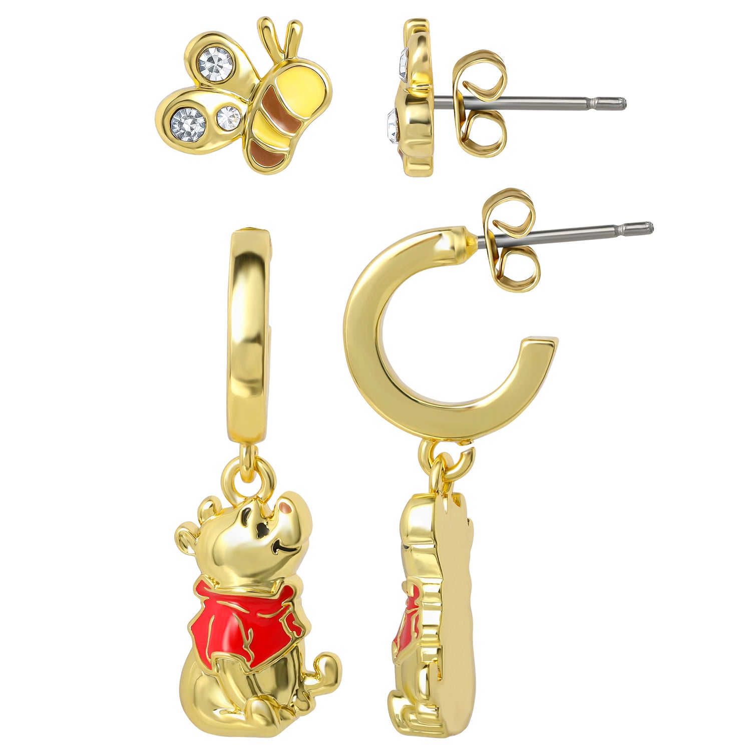 Winnie the Pooh Earrings for Women Pack of 2, Gold Tone and Clear Crystals