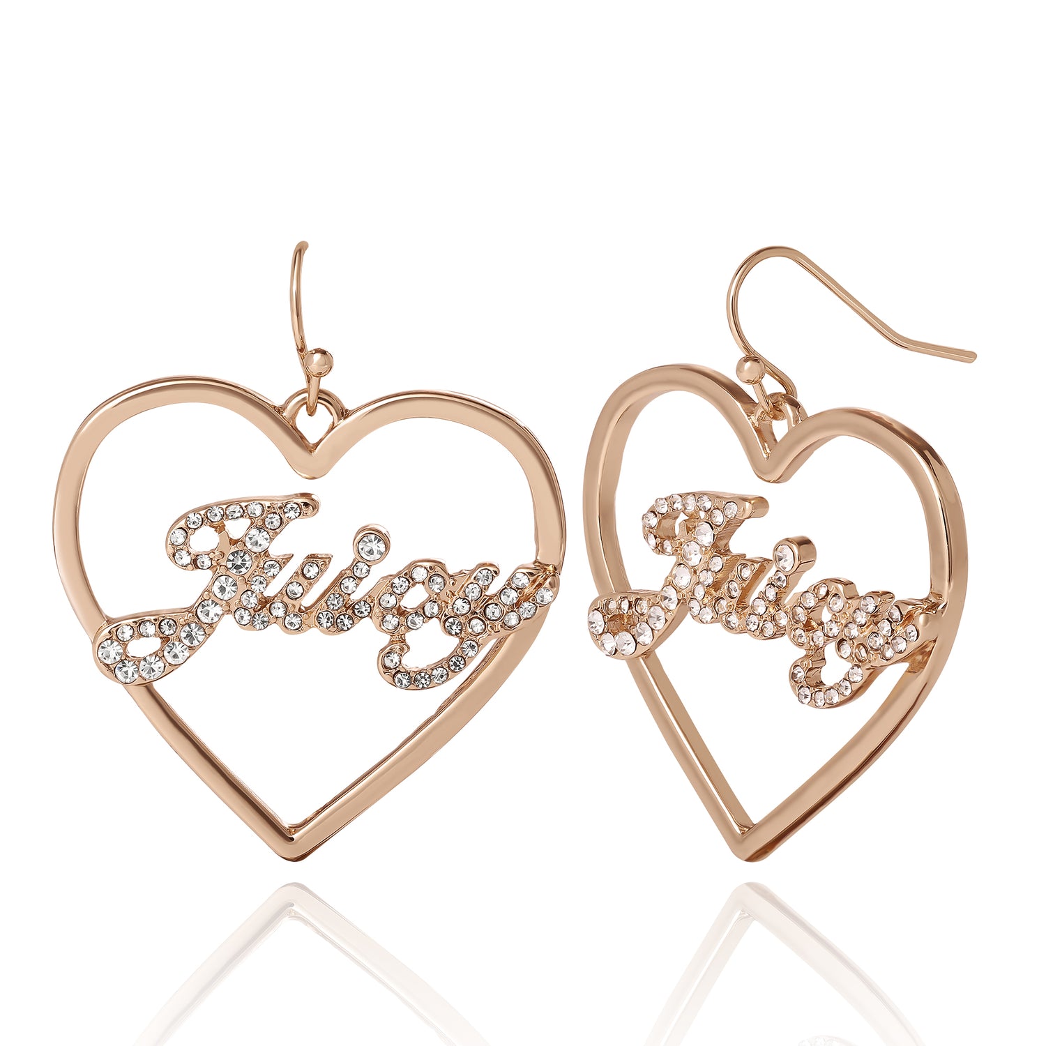 Juicy Couture Script Logo Heart Dangle Earrings for Women with Clear Stones, Outline Heart Earrings, Juicy Gifts