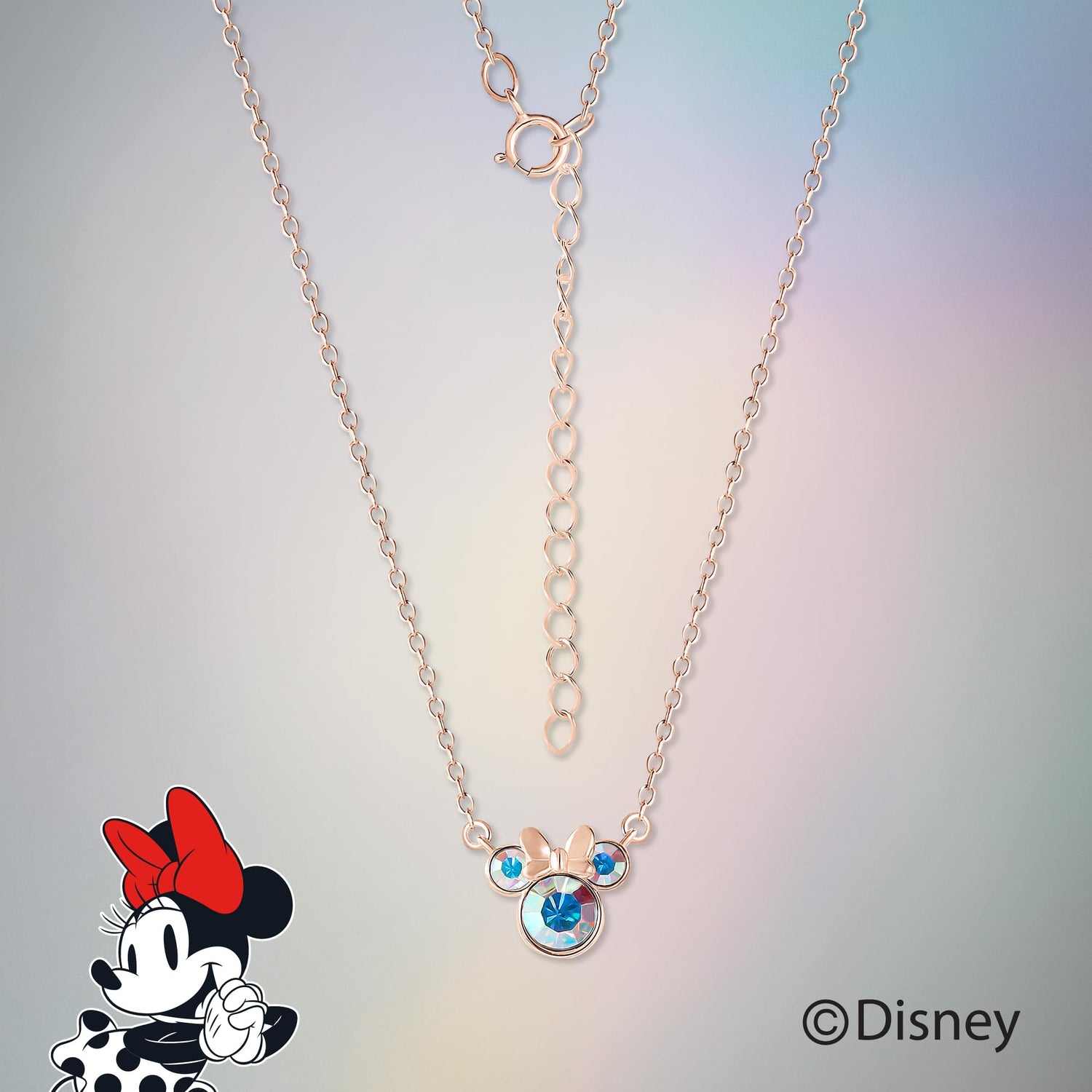 Disney Minnie Mouse Aurora Boreal Crystal Necklace 18"+2", Flash-Plated Official License