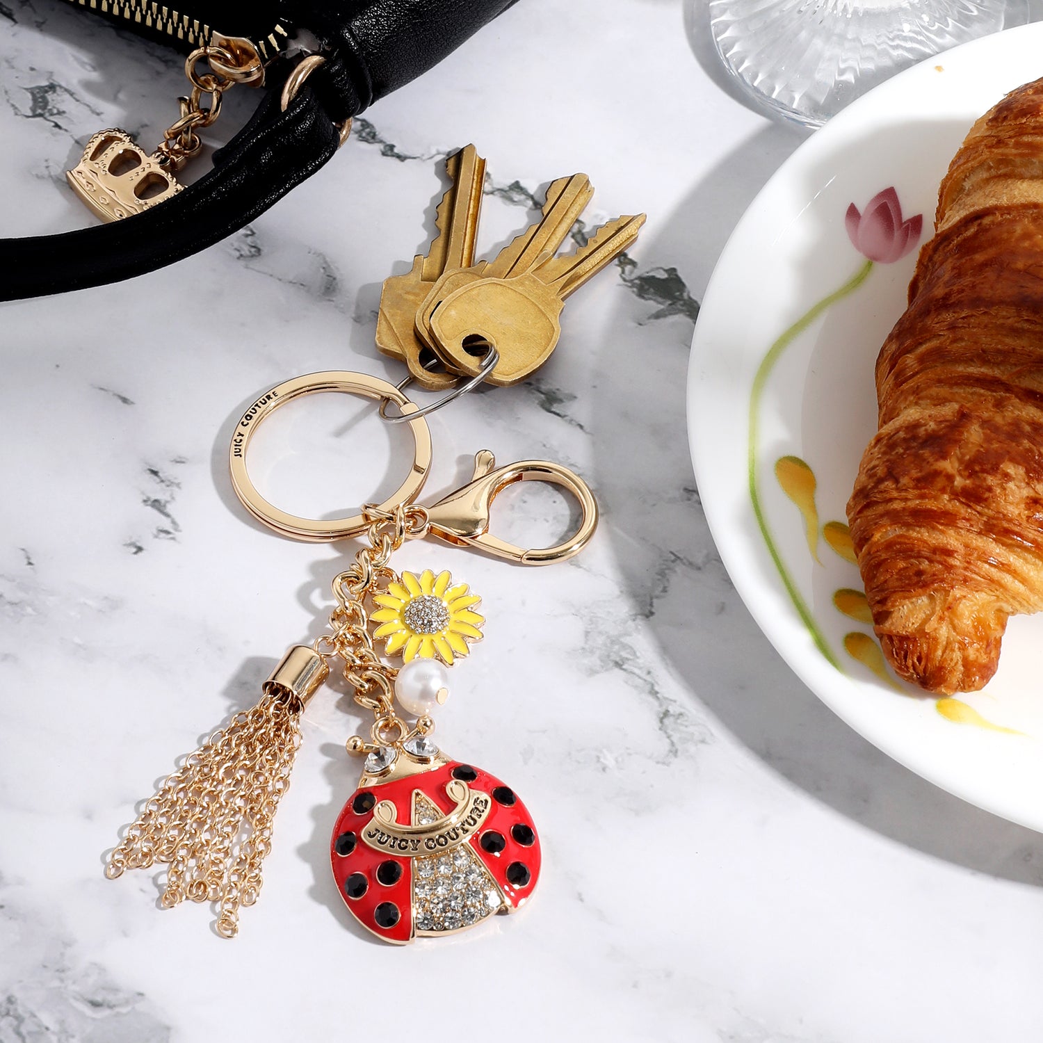 Juicy Couture Ladybug Crystal Keychain In Gold Tone With Sunflower Charm