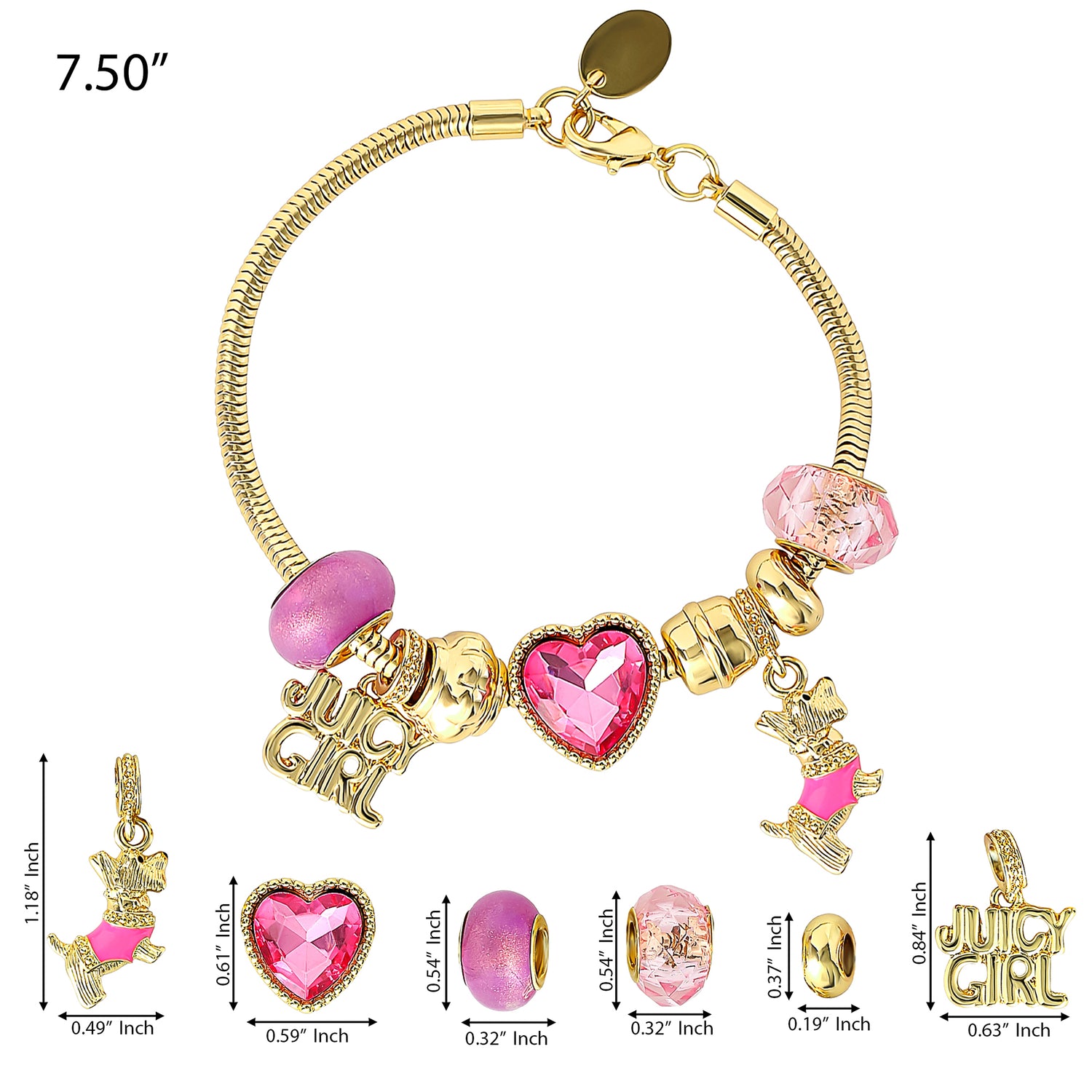 Juicy Couture Womens Charm Bracelet 7.5", Juicy Girl and Scottie Dog Charms