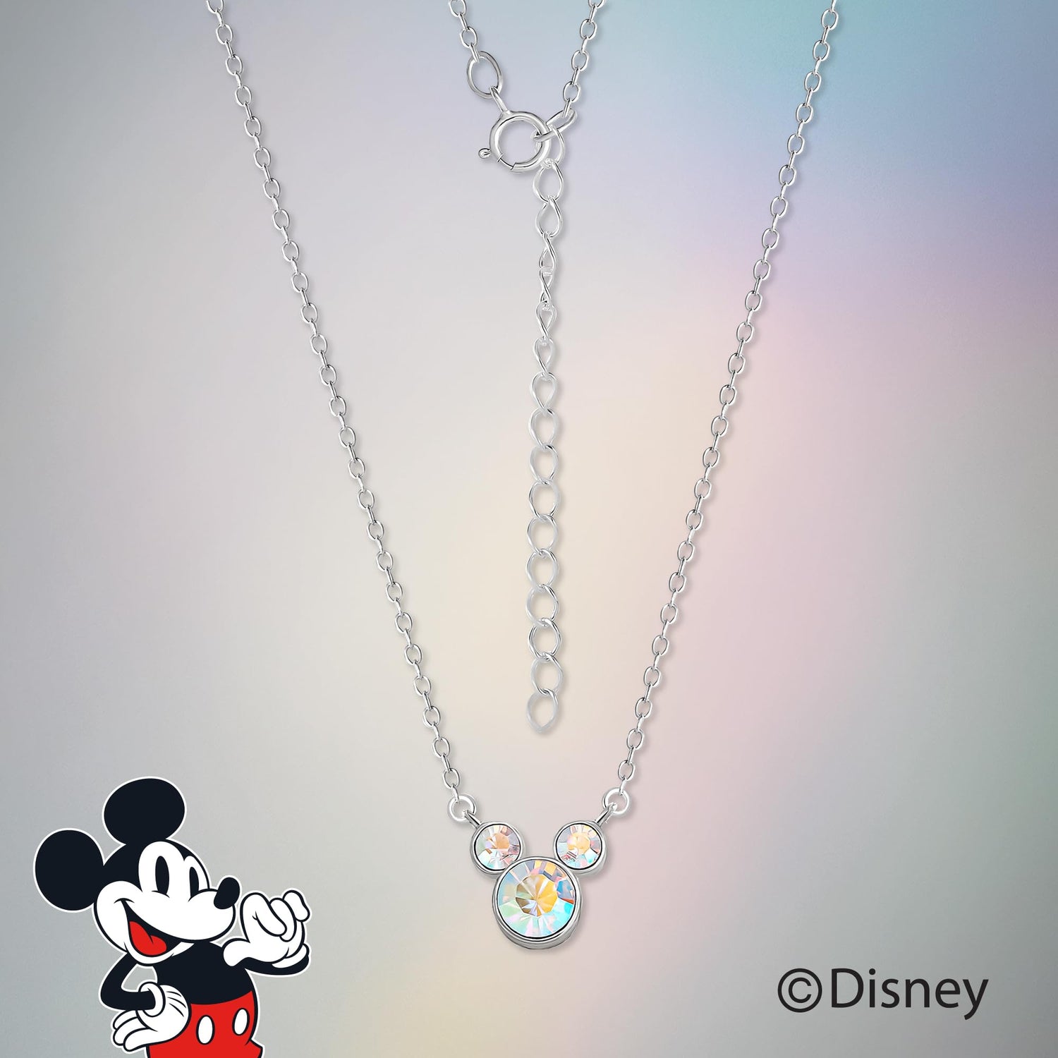 Disney 100 Minnie Mouse Aurora Boreal Crystal Necklace 18"+2", Sterling Silver Mickey Mouse Necklace Official License