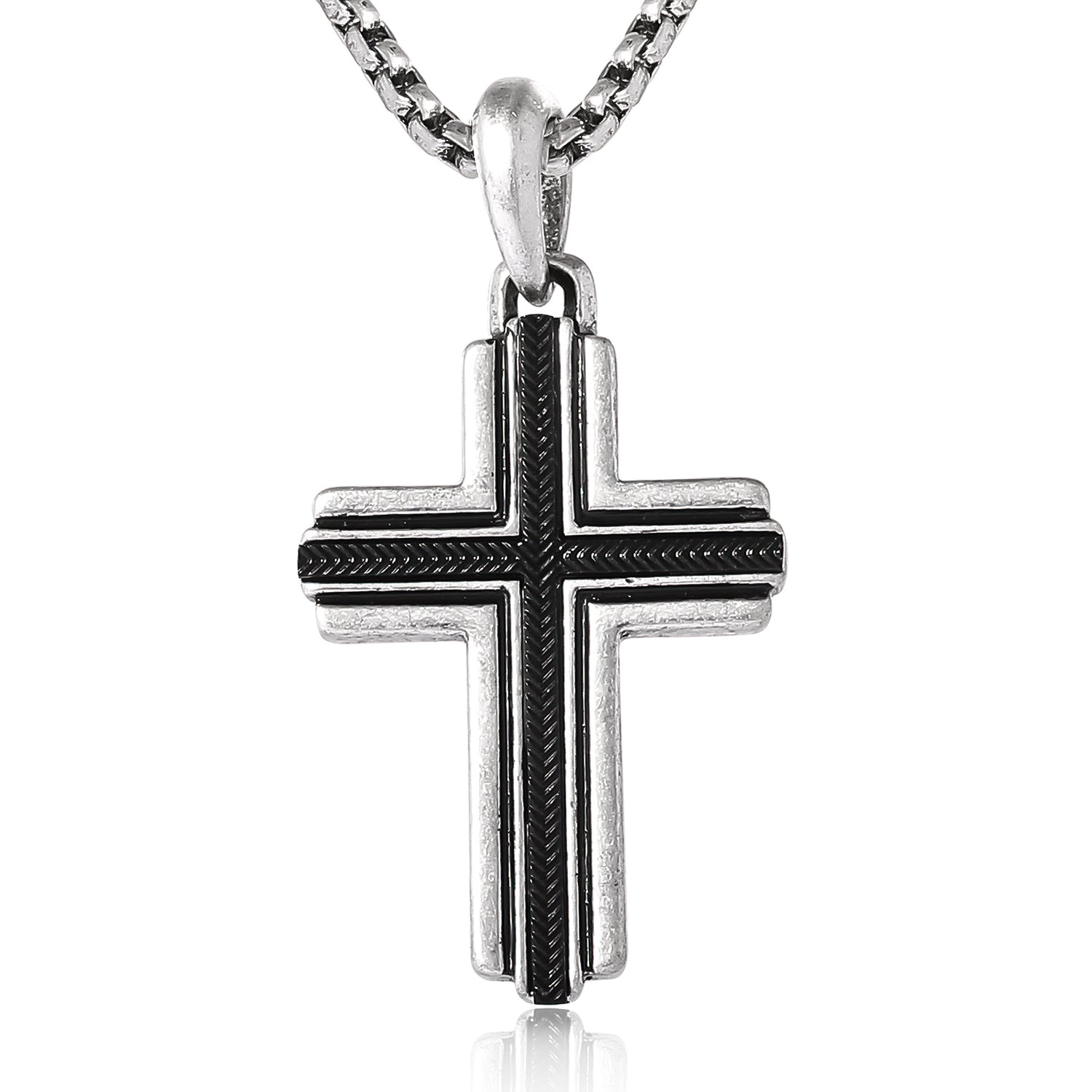 Lucky Brand Stainless Steel Cross Necklace for Men 24", Two-Tone Pendant Necklace, Cross Jewelry