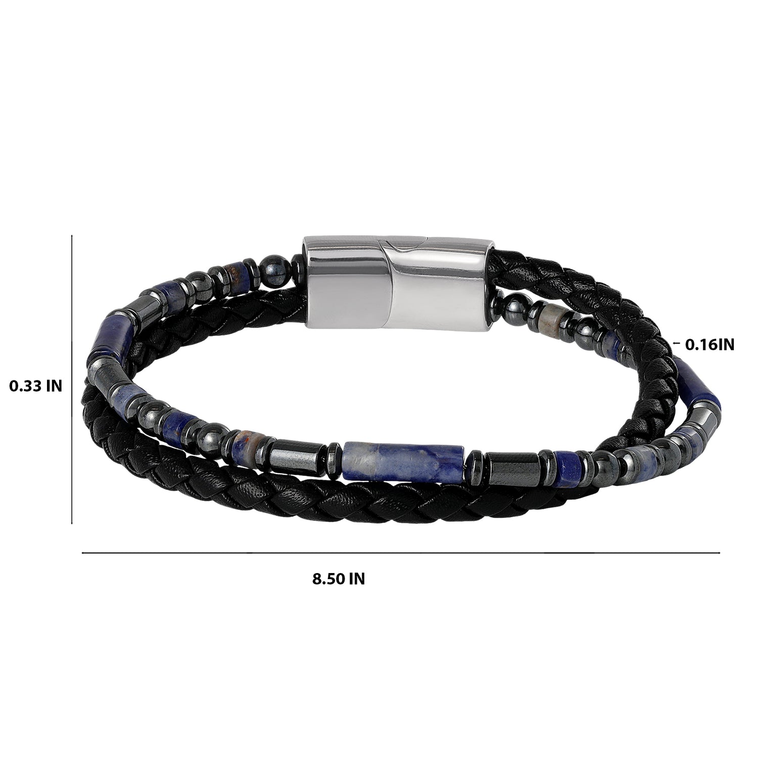 Lucky Brand Men’s Braided Leather & Sodalite Bead 8.5'' Bracelet, Black/Blue, Magnetic Clasp
