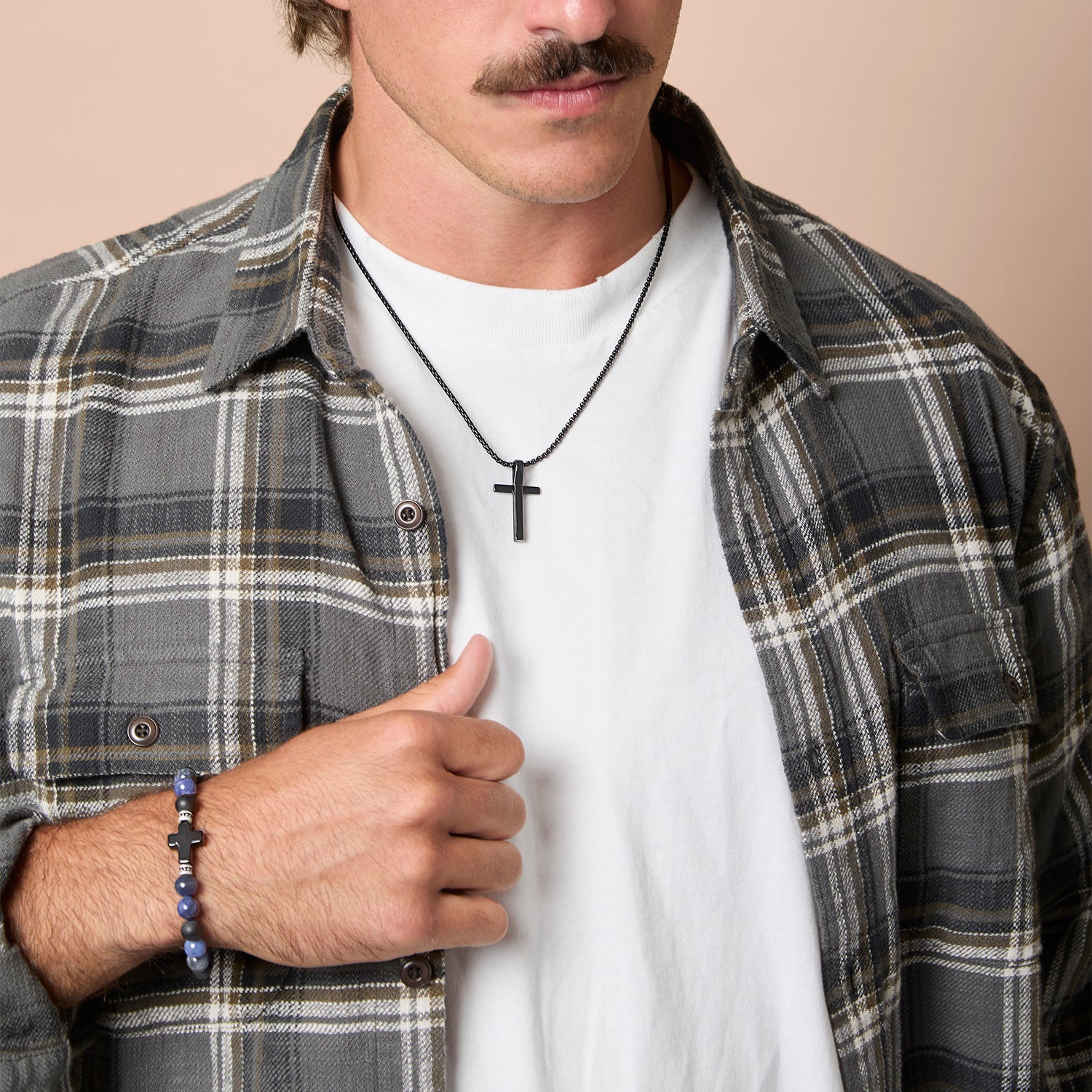 Lucky Brand Stainless Steel Cross Necklace for Men 22", Two-Tone Pendant Necklace, Cross Jewelry