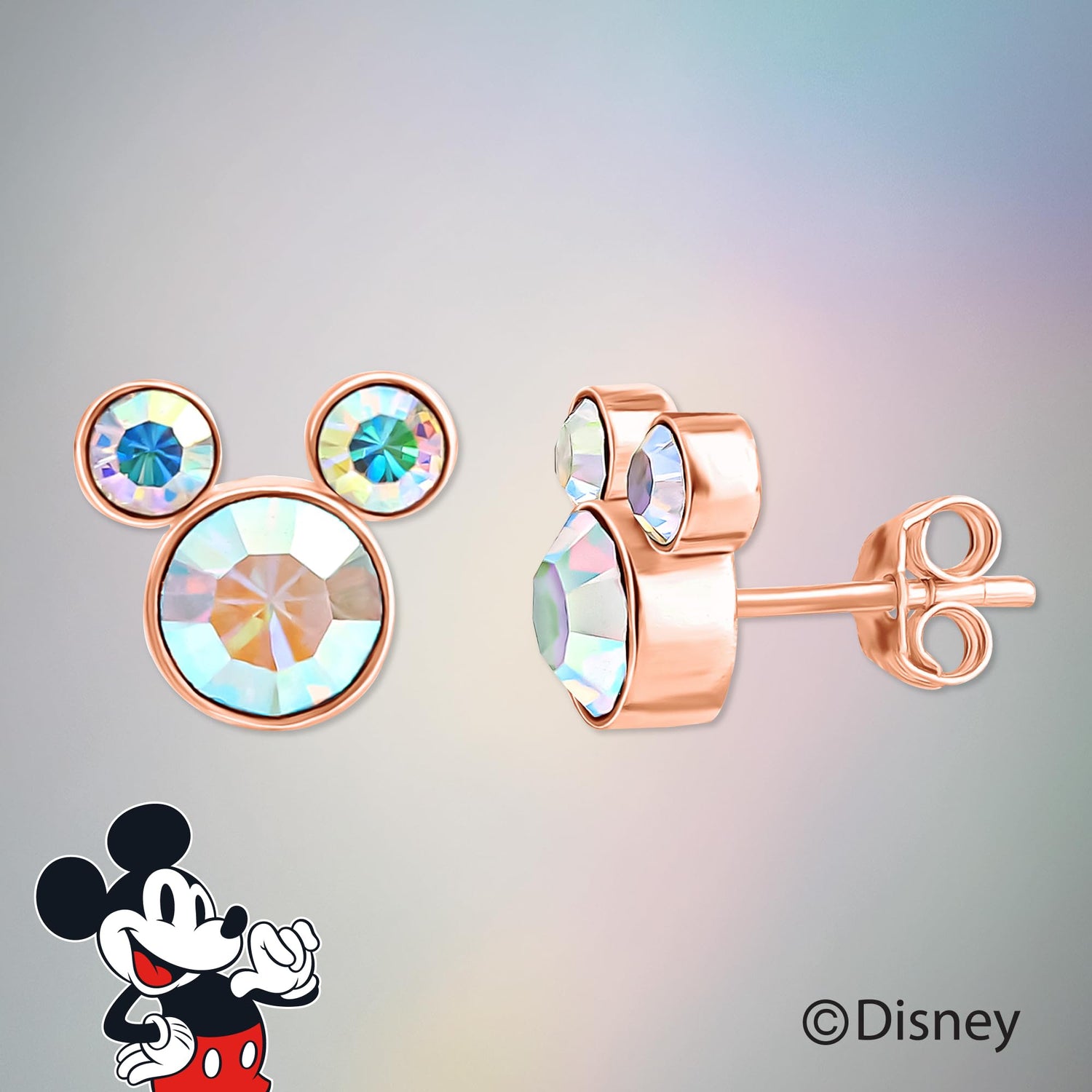 Disney Mickey Mouse Aurora Boreal Crystal Stud Earrings, Flash-Plated Earrings Official License
