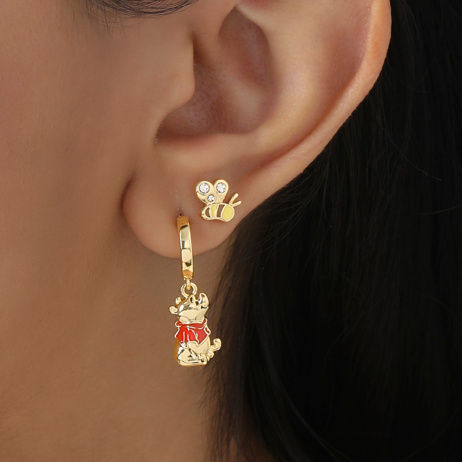 Winnie the Pooh Earrings for Women Pack of 2, Gold Tone and Clear Crystals