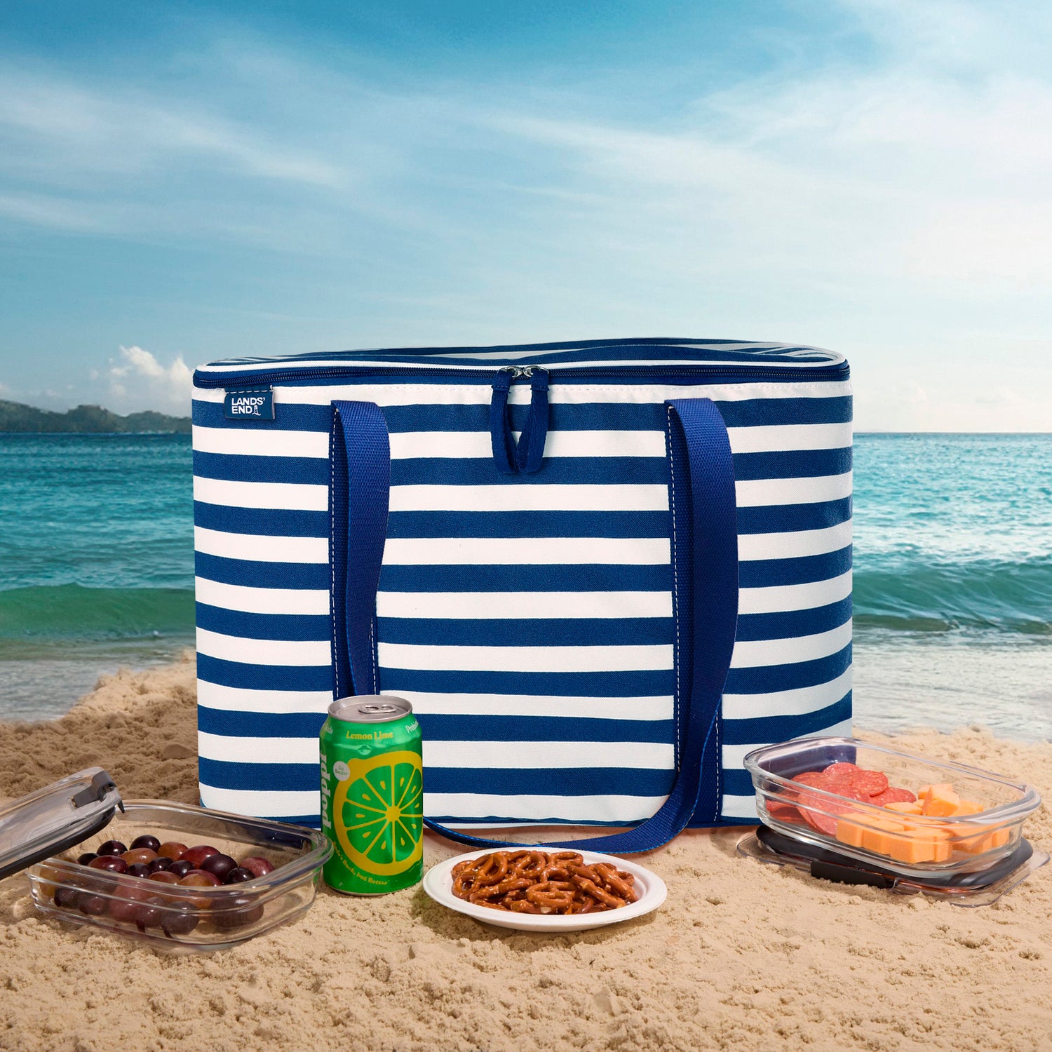 Lands' End Rectangular Large Cooler Bag Insulated 8 Gal, Canvas Soft Cooler with Tote Handles and Zip Closure (Navy Stripe) - Navy Stripe