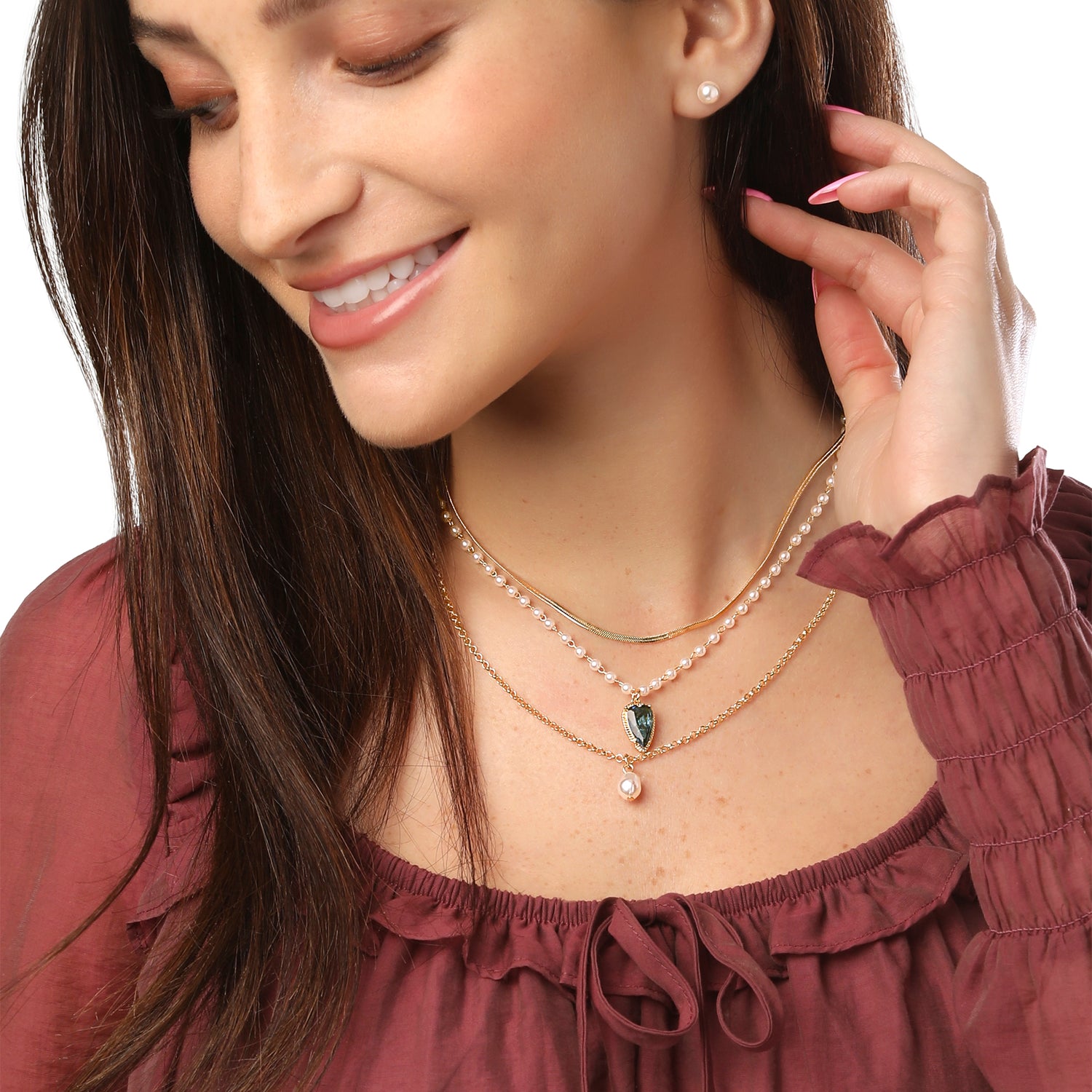 Celebrity Pink Pearl Earrings and Gold Necklaces Jewelry Set, 4-Piece