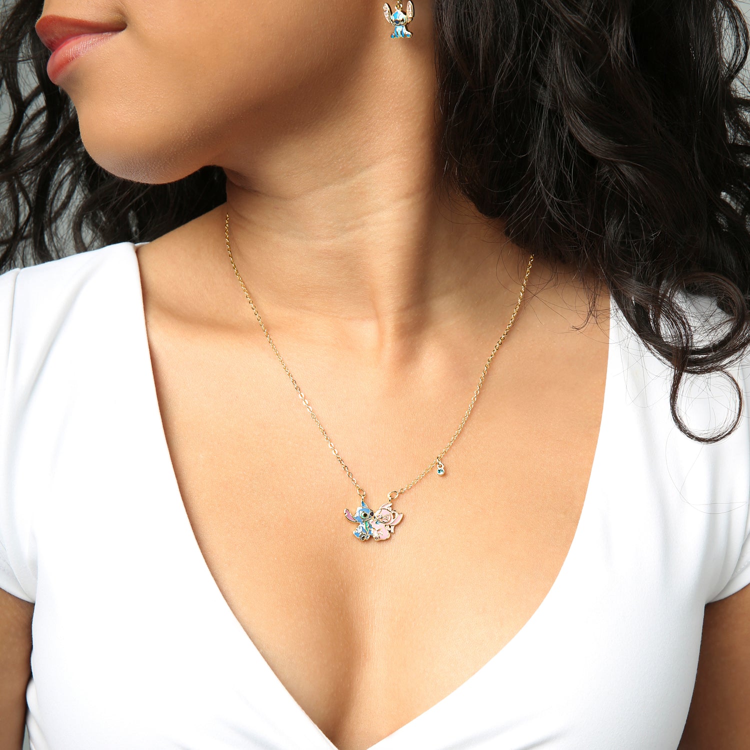 Disney Stitch Necklace for Women 18", Hugging Stitch and Angel Pendant