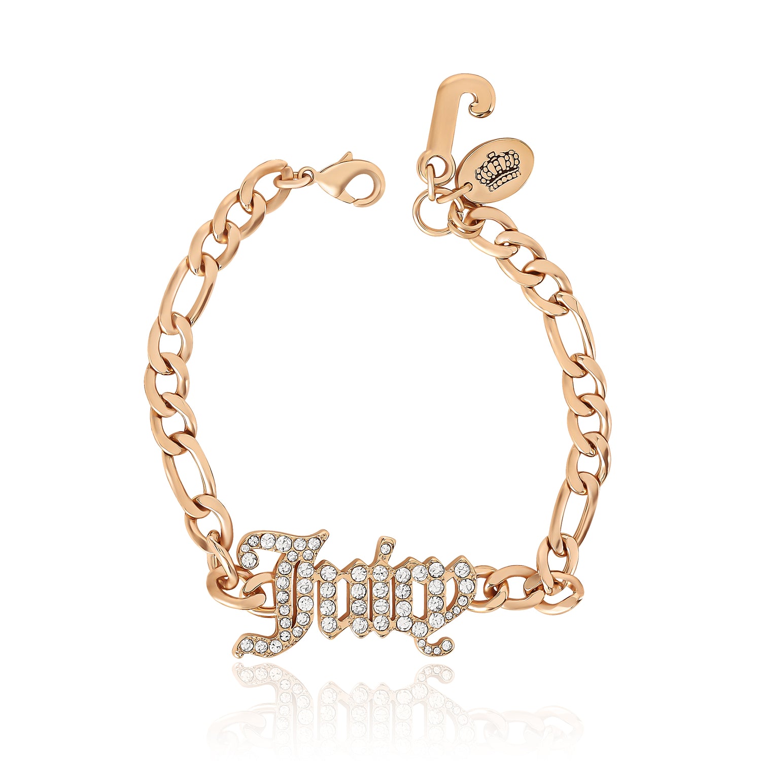 Juicy Couture Gothic Logo Pendant Bracelet for Women 7.5", Gold-Tone Juicy Bracelet with Logo Charms and Clear Stones