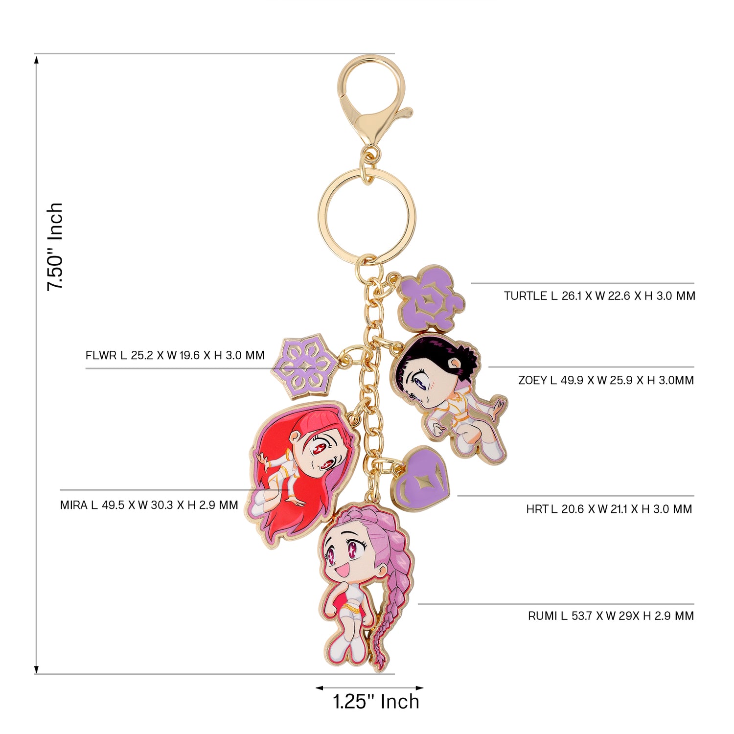 K-Pop Demon Hunters Bag Charm Keychain With Chibi Mira, Zoey, and Rumi Charm