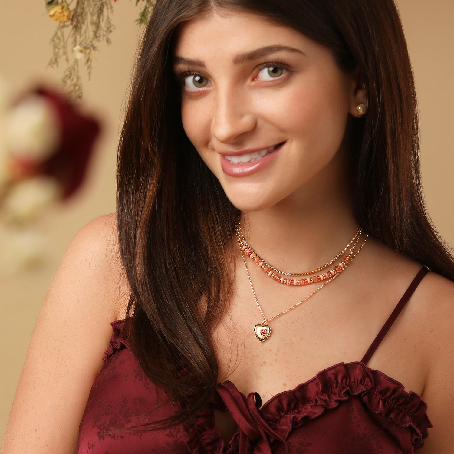 Celebrity Pink 3-Piece Necklaces for Women, Layering Necklaces Gold-Tone | Triple Necklace Stack 3 Separate Lengths, Pink Bead and Pearl Embellishments, Rose and Heart Pendant