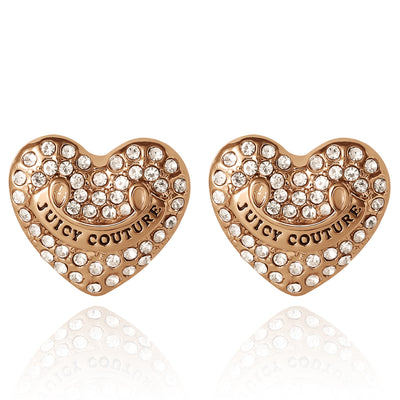 Juicy Couture Logo Heart Stud Earrings for Women with Clear Stones, Juicy Couture Earrings Gold Tone