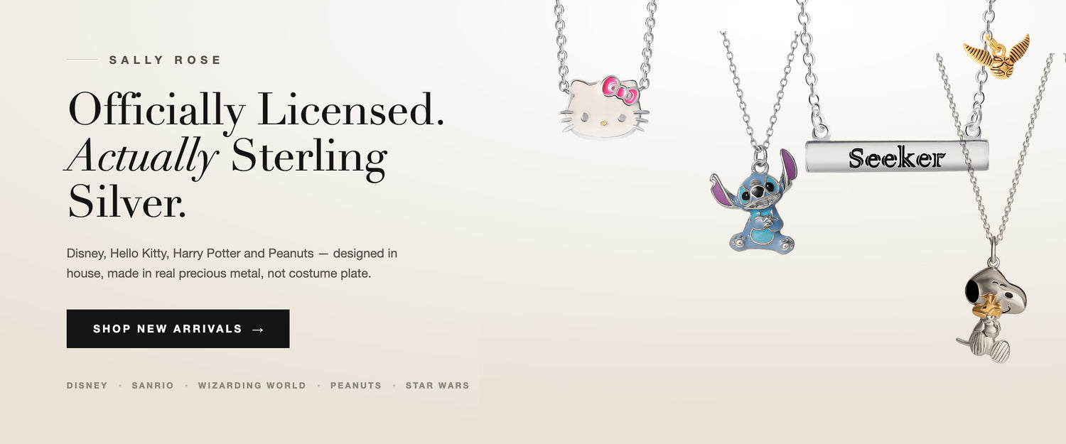 Officially licensed sterling silver character jewelry from Sally Rose — Hello Kitty, Stitch, Harry Potter and Snoopy necklaces