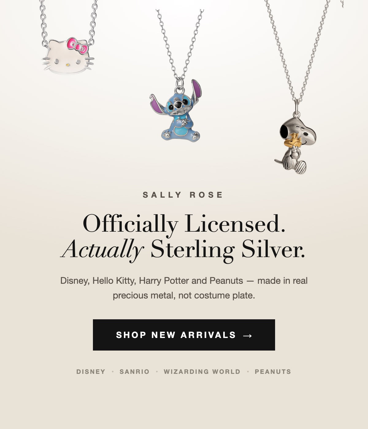 Officially licensed sterling silver character jewelry from Sally Rose — Hello Kitty, Stitch, Harry Potter and Snoopy necklaces