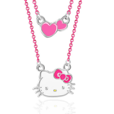 SALLY ROSE Hello Kitty Pink Enamel Double Necklace Set - Hello Kitty Necklace Set with Hearts Pendant and Hello Kitty Pendant- Hello Kitty Gifts