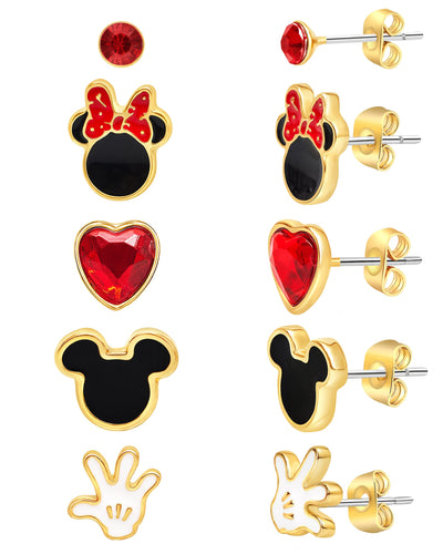 Disney Girls Mickey and Minnie Mouse Fashion Stud Earrings - Set of 5 pairs, Officially Licensed