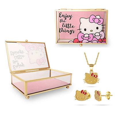 3-Piece Hello Kitty 10K Gold Necklace Earrings and Matching Jewelry Box Set