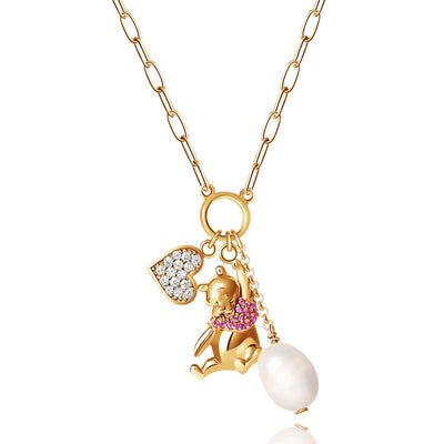 Disney Winnie the Pooh Gold-flash plated Charm Cultured Freshwater Pearl Necklace