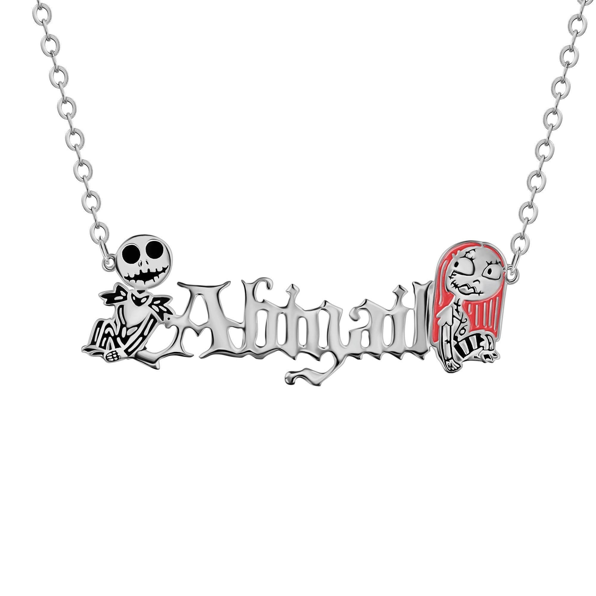 The Nightmare Before Christmas Jack and Sally, Choice of Color: Gold or Silver ID Name Necklace