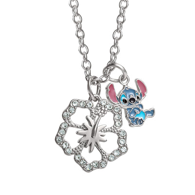 Disney Lilo and Stitch Silver plated Stitch and Flower Pendant Necklace