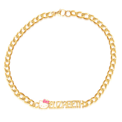 Hello Kitty Custom Choice of Color: Gold or Silver ID Name Curb Chain Bracelet