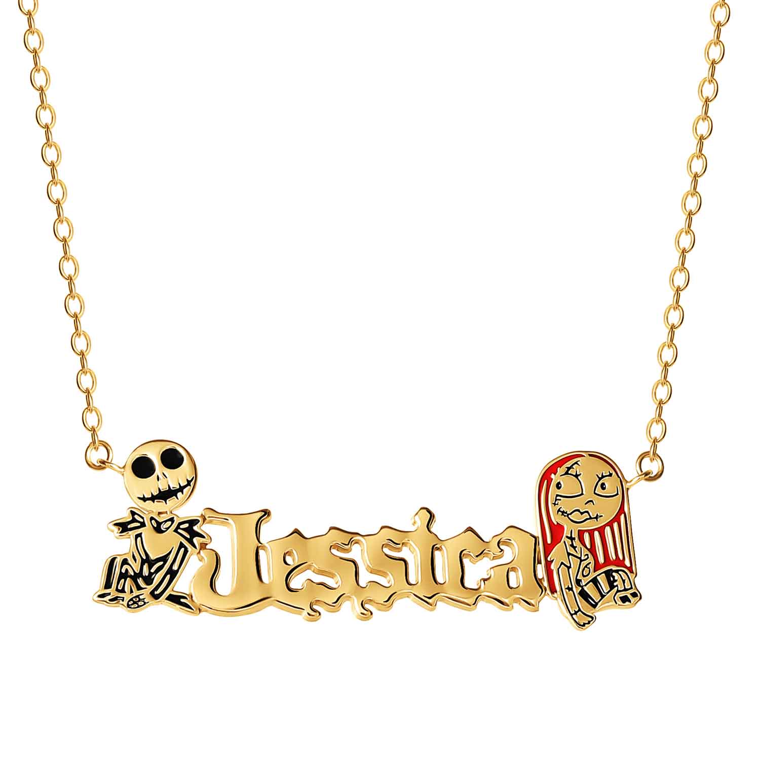 The Nightmare Before Christmas Jack and Sally, Choice of Color: Gold or Silver ID Name Necklace