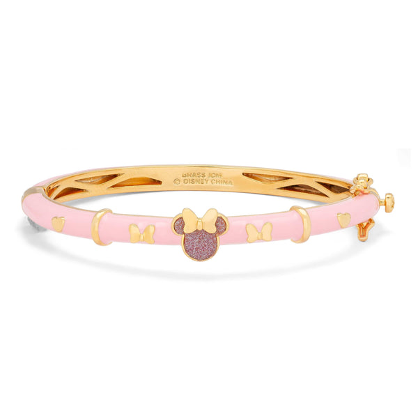 Disney Girls Minnie Mouse Yellow Gold Plated Pink Glitter Accent Bangle  Bracelet - 6.5