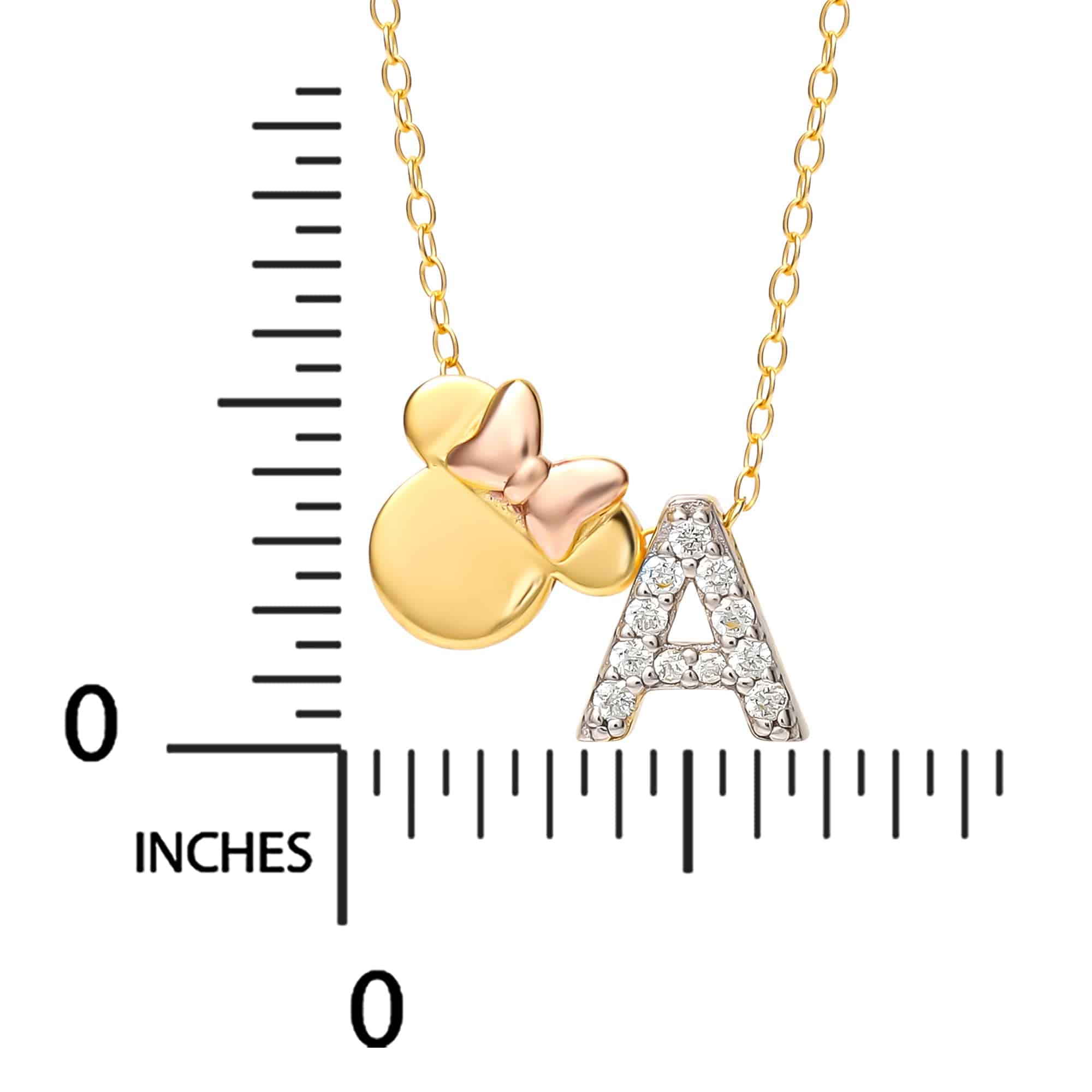 Image of size dimensions of a Minnie Mouse Initial Necklace