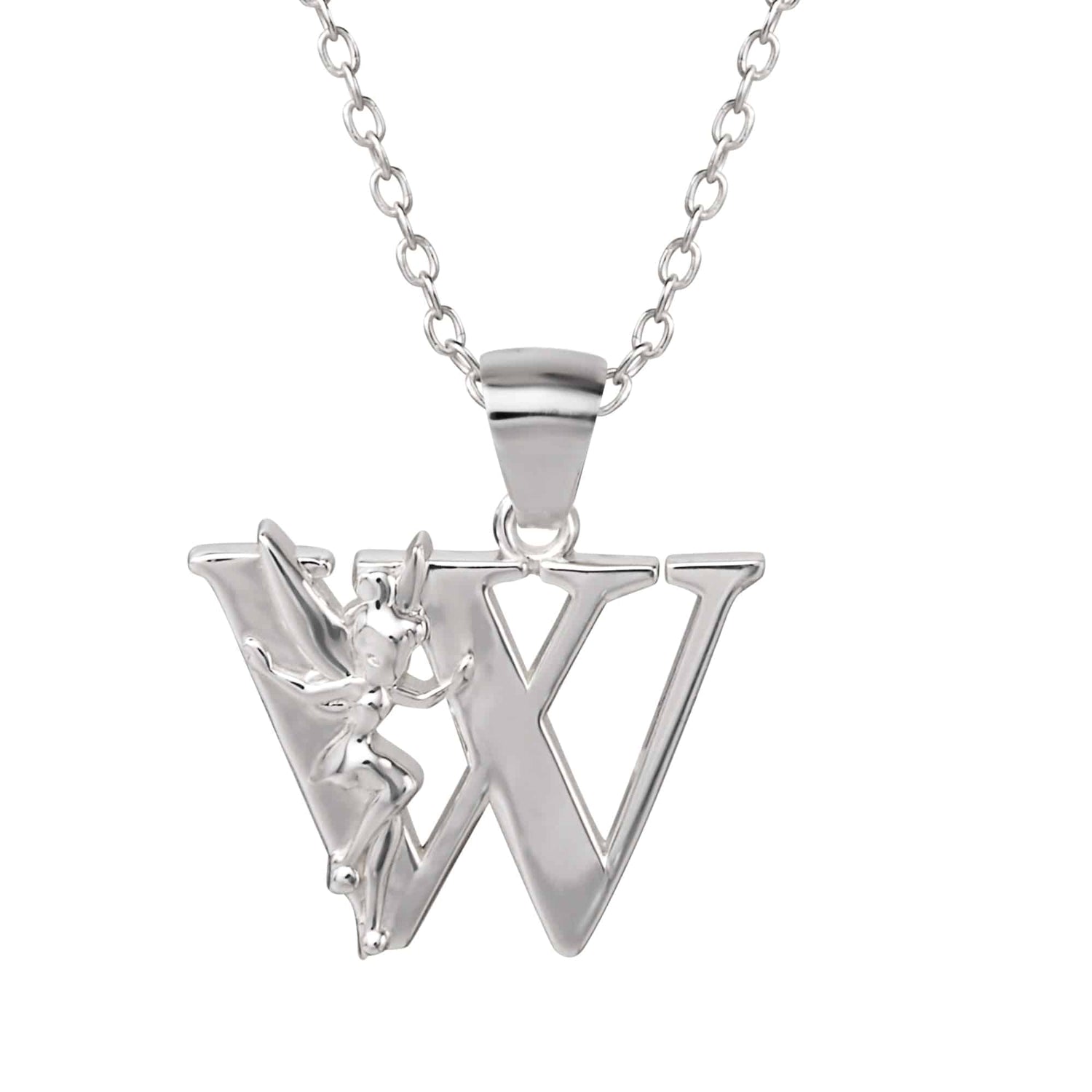 Disney Tinkerbell V initial Silver Pendant Necklace